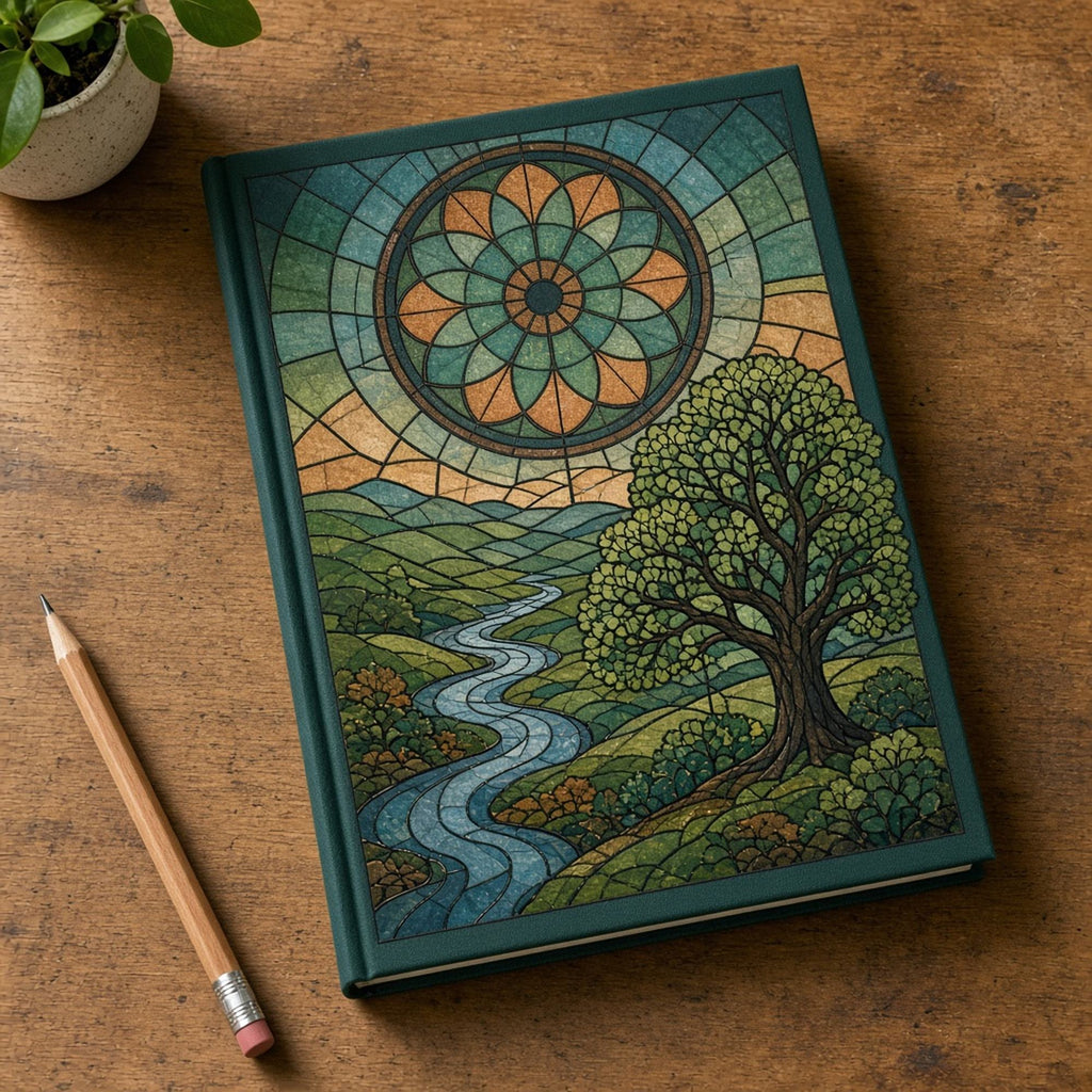Sacred-pattern-inspired artwork printed flat on a notebook, made with prompt #1785: a teal and copper circle-pattern rosette above green rolling hills, a winding blue river and a broad oak tree