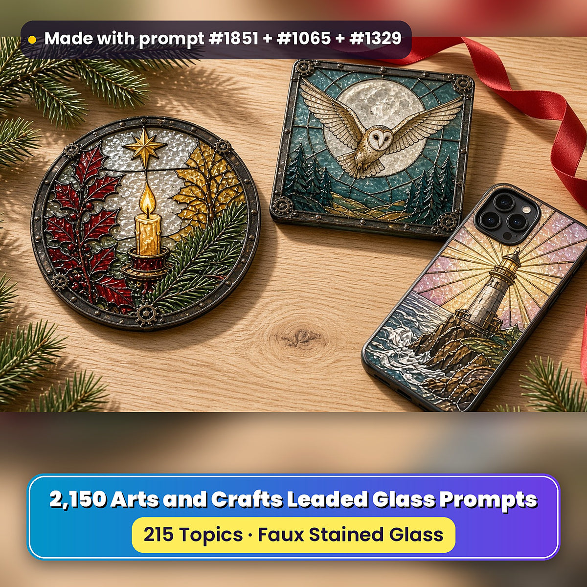 Arts and Crafts Leaded Glass Style Library: UV-printed suncatcher, coaster and phone case set mockup, made with prompt #1851 + #1065 + #1329