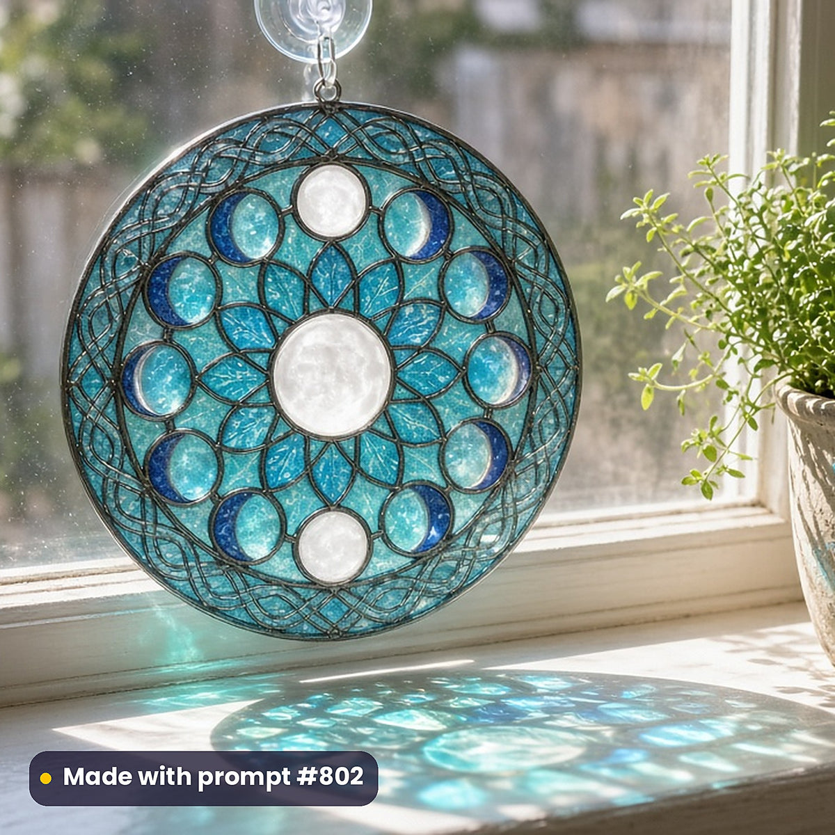 Arts and Crafts Leaded Glass Style Library: UV-printed acrylic suncatcher in a window mockup, made with prompt #802