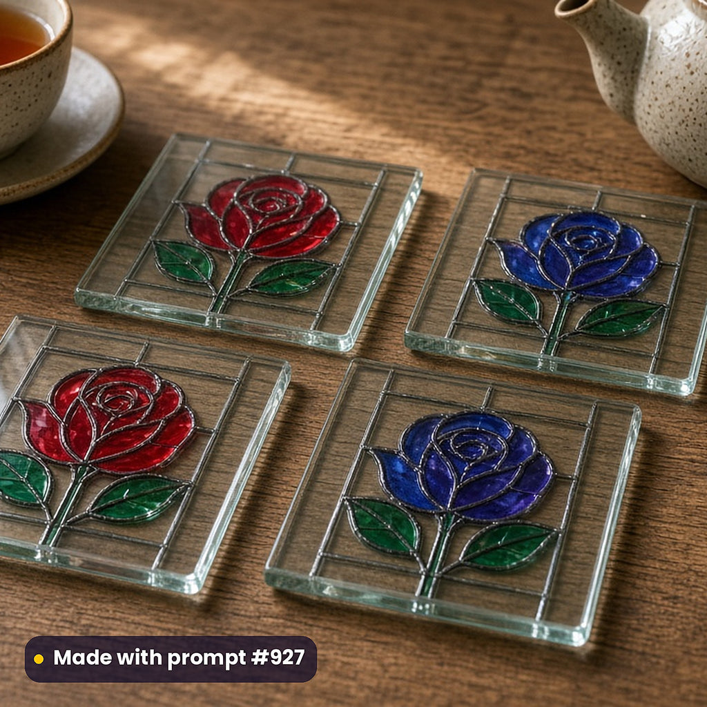 Arts and Crafts Leaded Glass Style Library: set of UV-printed glass coasters mockup, made with prompt #927