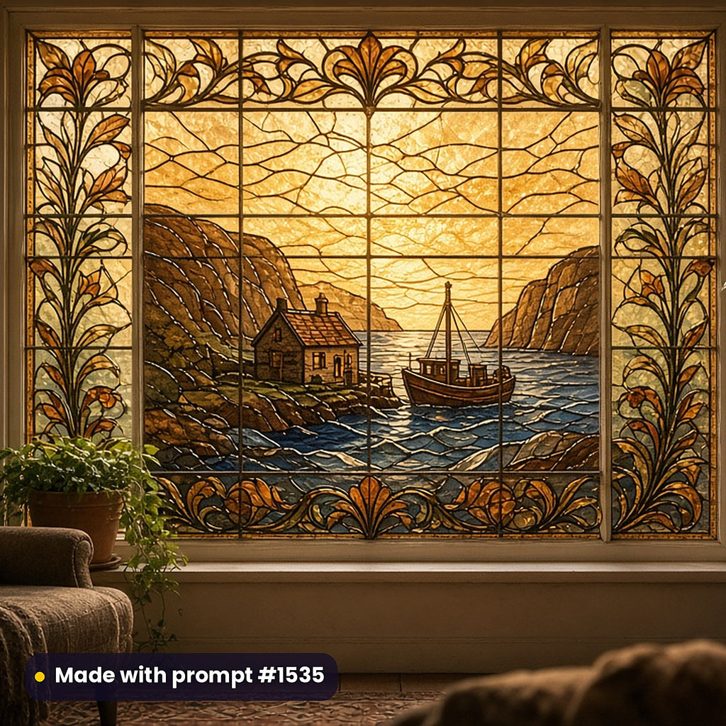 Arts and Crafts Leaded Glass Style Library: faux stained glass window panel mockup, made with prompt #1535