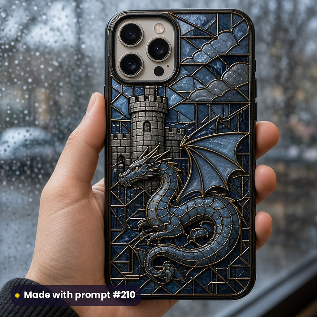 Arts and Crafts Leaded Glass Style Library: UV-printed phone case mockup, made with prompt #210