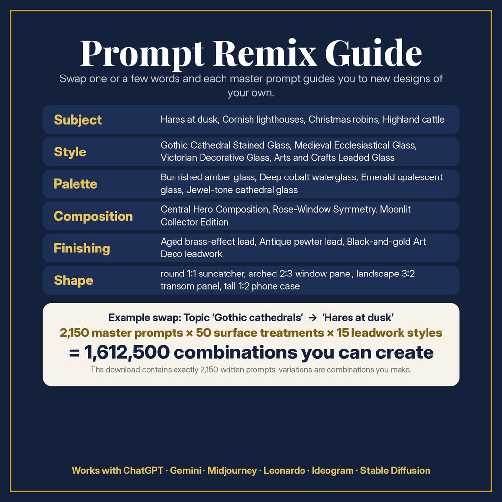 Prompt Remix Guide for the Arts and Crafts Leaded Glass Style Library: 2,150 master prompts × 50 surface treatments × 15 leadwork styles = 1,612,500 combinations, and what to change
