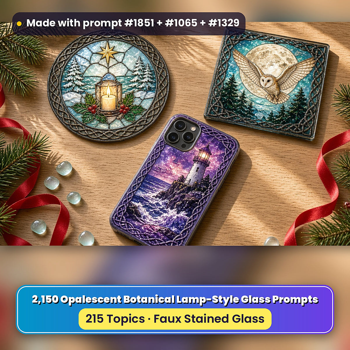 Opalescent Botanical Lamp-Style Glass Style Library: UV-printed suncatcher, coaster and phone case set mockup, made with prompt #1851 + #1065 + #1329