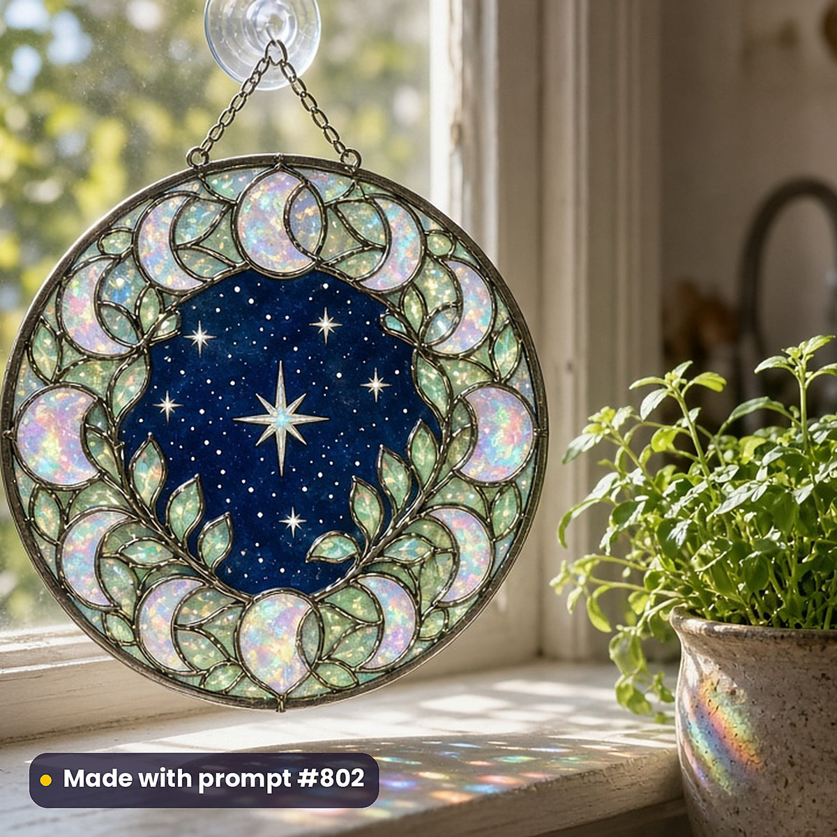 Opalescent Botanical Lamp-Style Glass Style Library: UV-printed acrylic suncatcher in a window mockup, made with prompt #802