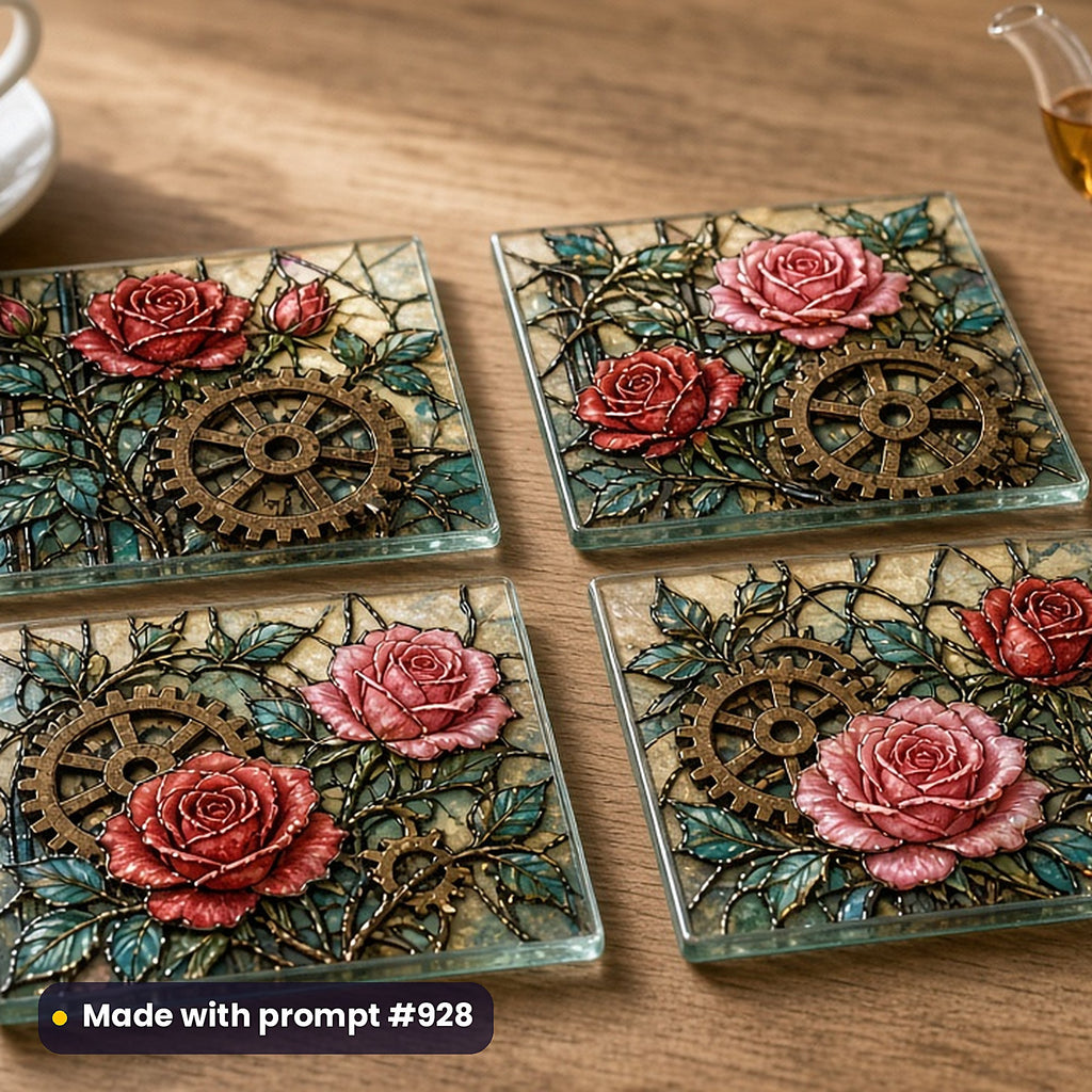 Opalescent Botanical Lamp-Style Glass Style Library: set of UV-printed glass coasters mockup, made with prompt #928