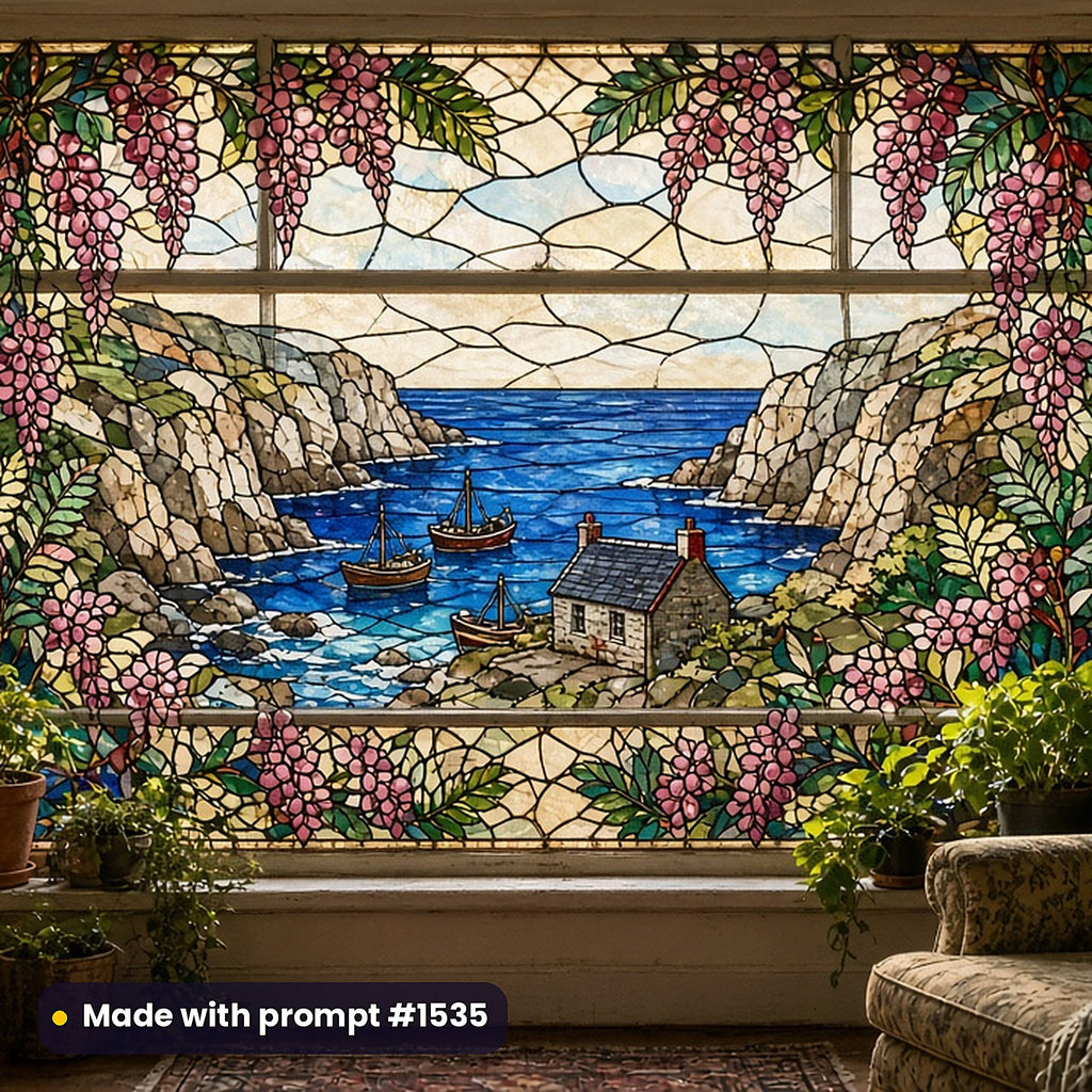 Opalescent Botanical Lamp-Style Glass Style Library: faux stained glass window panel mockup, made with prompt #1535