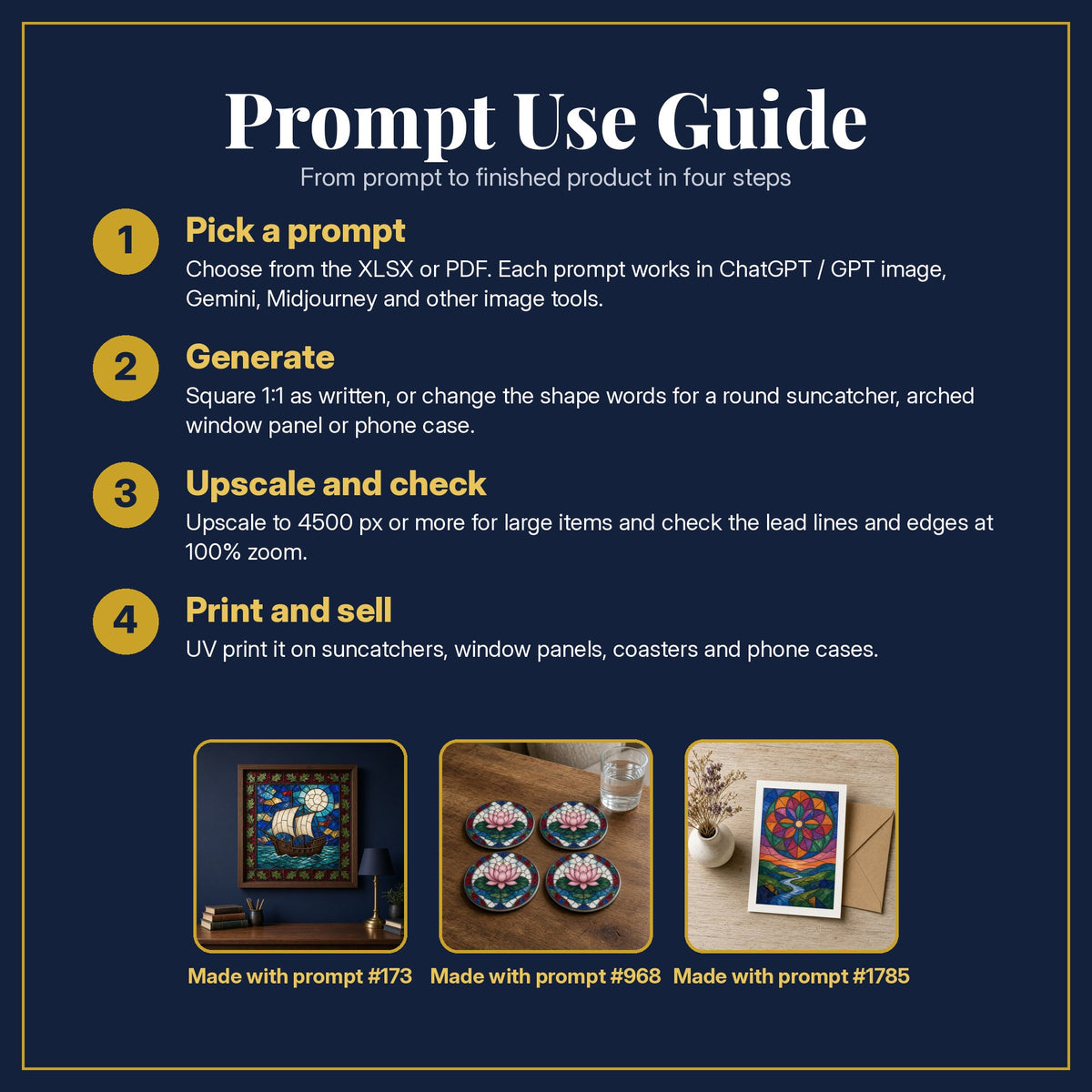 Prompt Use Guide for the Heraldic Stained Glass Style Library: pick a prompt, generate, upscale and check, print and sell, with sample products made with the pack's prompts