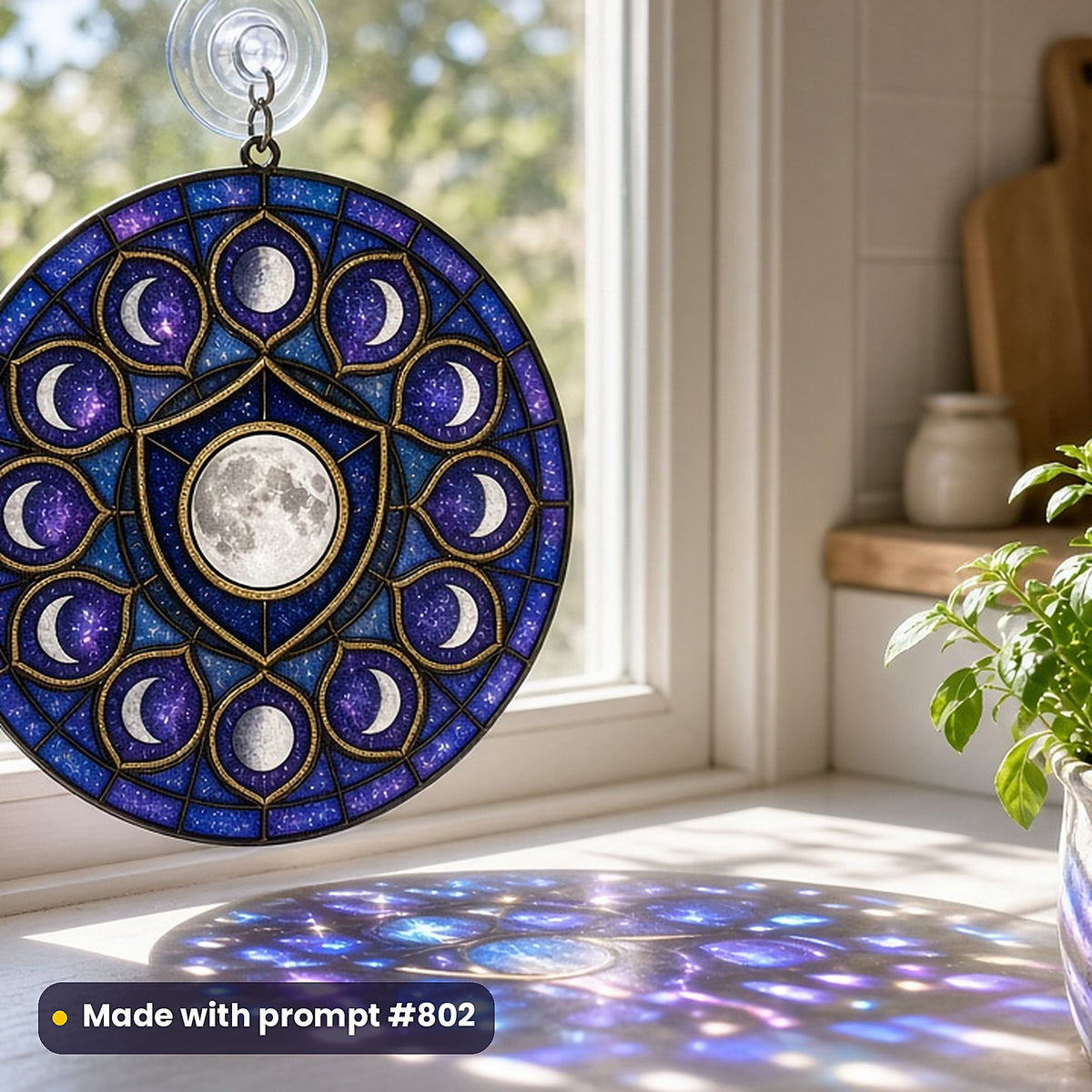 Heraldic Stained Glass Style Library: UV-printed acrylic suncatcher in a window mockup, made with prompt #802