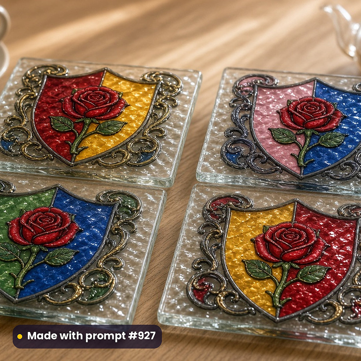 Heraldic Stained Glass Style Library: set of UV-printed glass coasters mockup, made with prompt #927