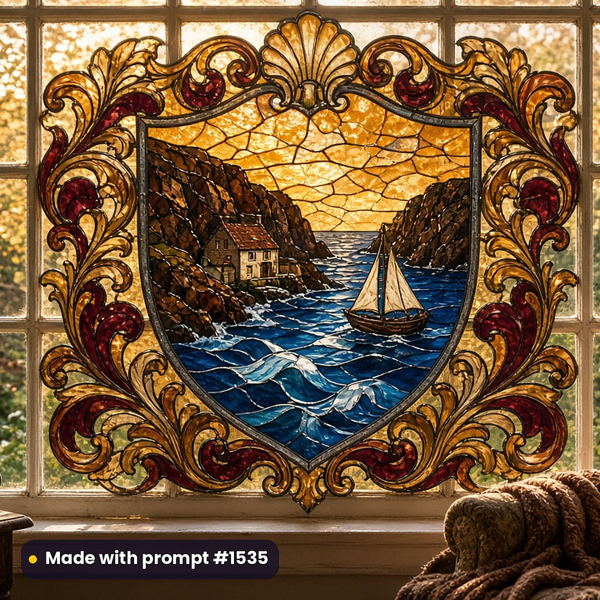 Heraldic Stained Glass Style Library: faux stained glass window panel mockup, made with prompt #1535
