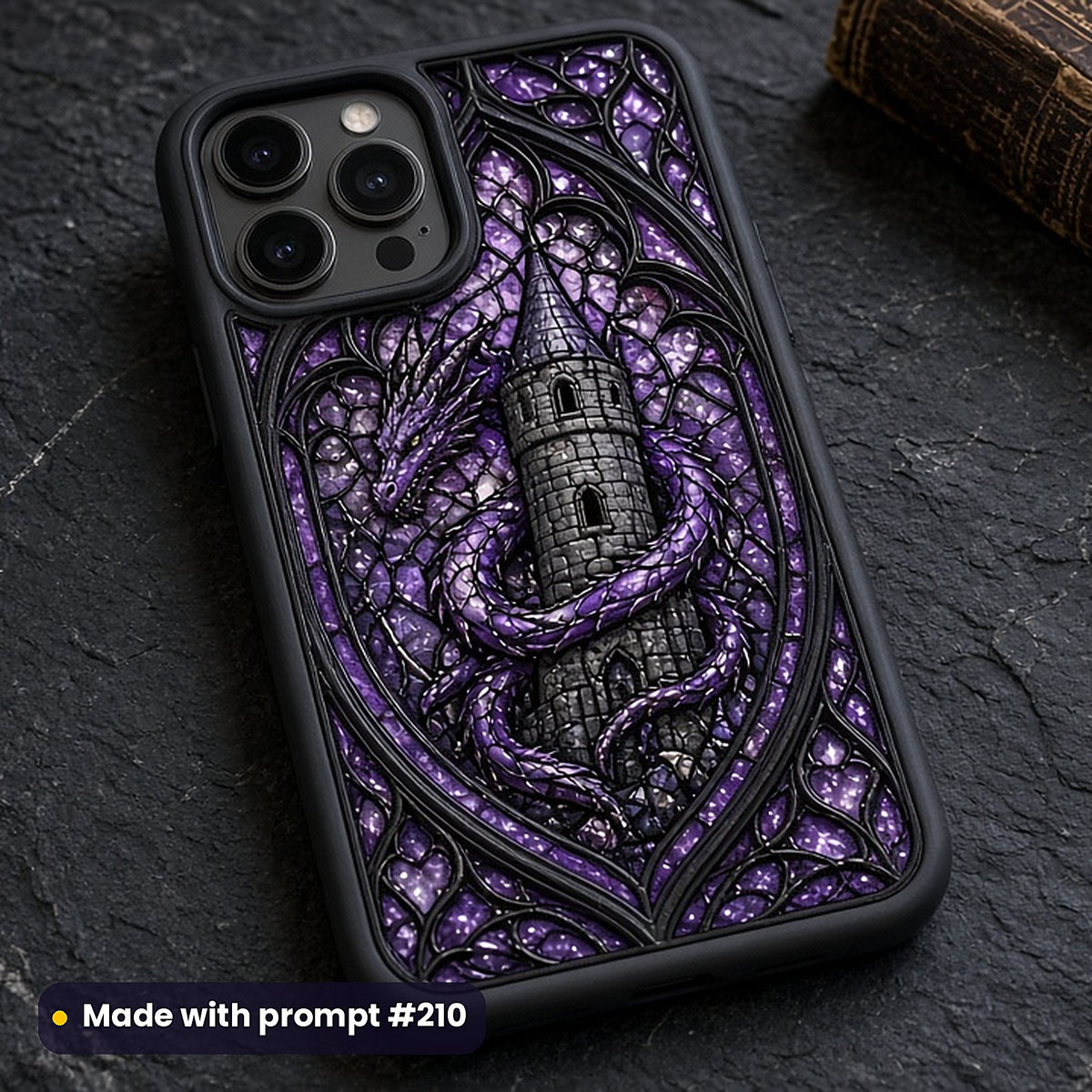 Heraldic Stained Glass Style Library: UV-printed phone case mockup, made with prompt #210