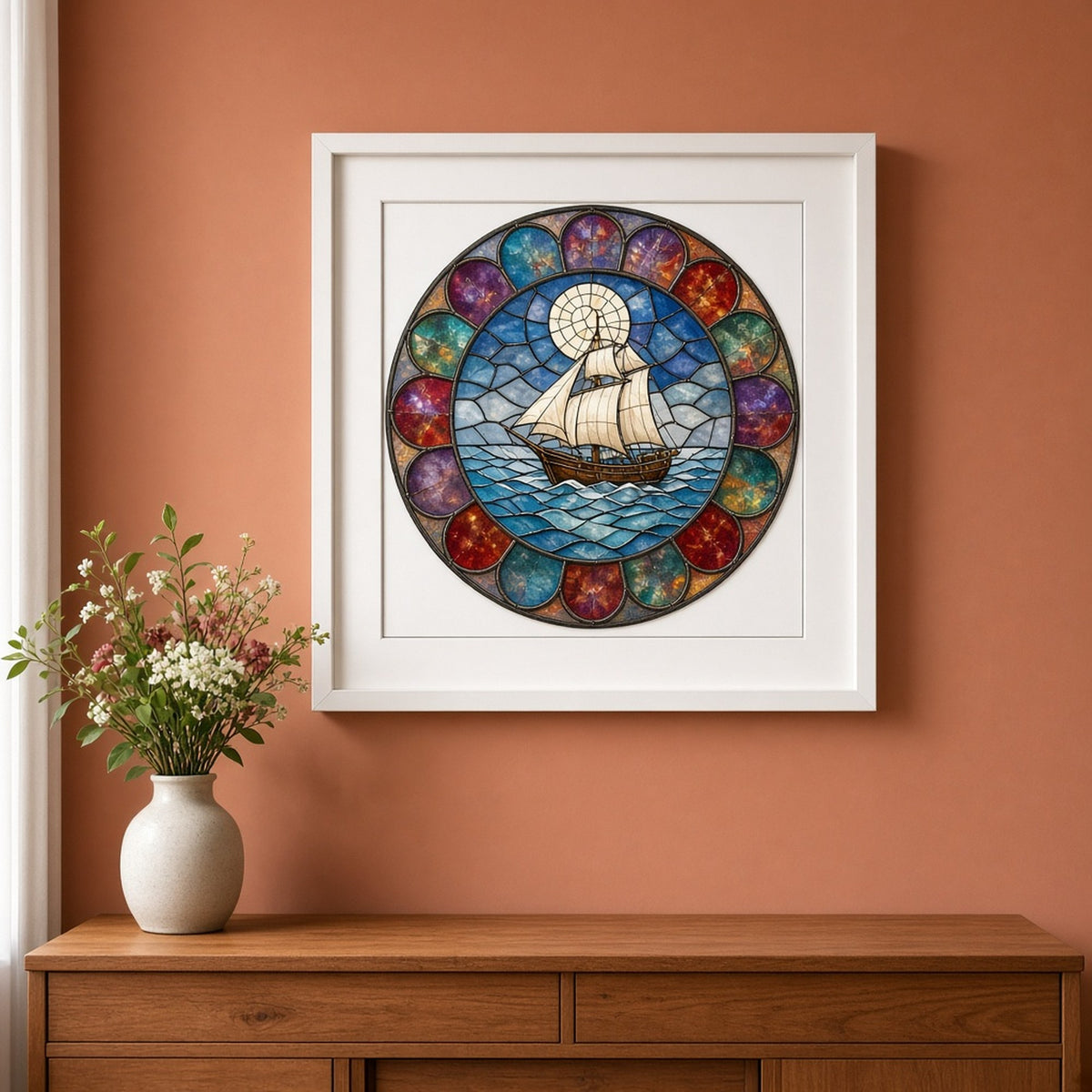 Medieval ships printed flat on a framed print, made with prompt #173: a cream-sailed ship on a blue cut-glass sea under a pale pieced-glass moon, inside a round rose window of ruby, violet and teal petal panes