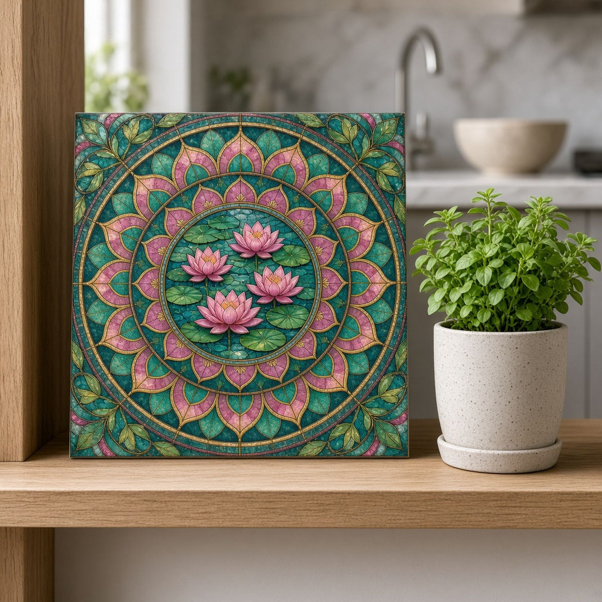 Lotus flowers botanical printed flat on a tile, made with prompt #968: four pink lotus flowers and lily pads in a central pool ringed by pink and teal petal panes and leafy corner vines