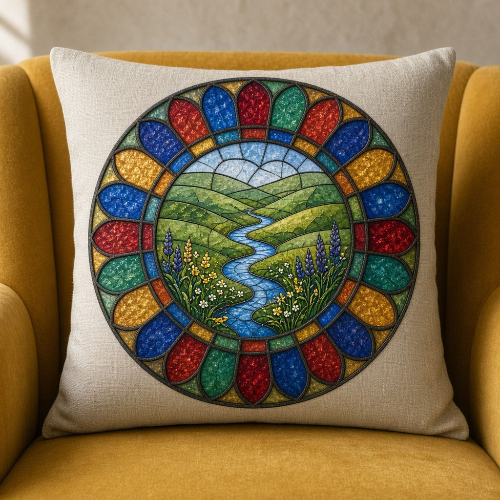 Sacred-pattern-inspired artwork printed flat on a cushion, made with prompt #1785: green rolling hills, a winding blue river and wildflowers inside a round rose window of cobalt, ruby, emerald and amber petal panes