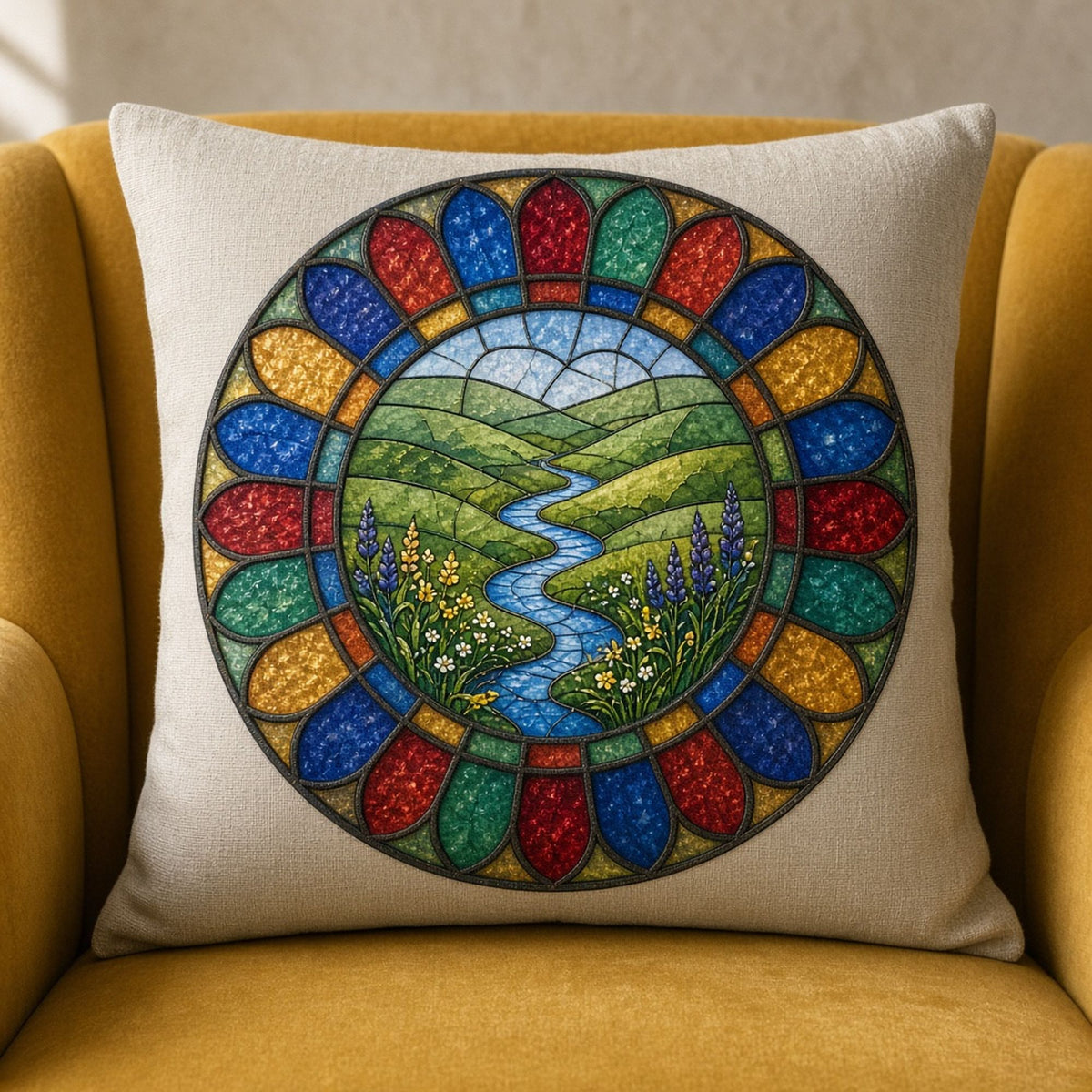 Sacred-pattern-inspired artwork printed flat on a cushion, made with prompt #1785: green rolling hills, a winding blue river and wildflowers inside a round rose window of cobalt, ruby, emerald and amber petal panes
