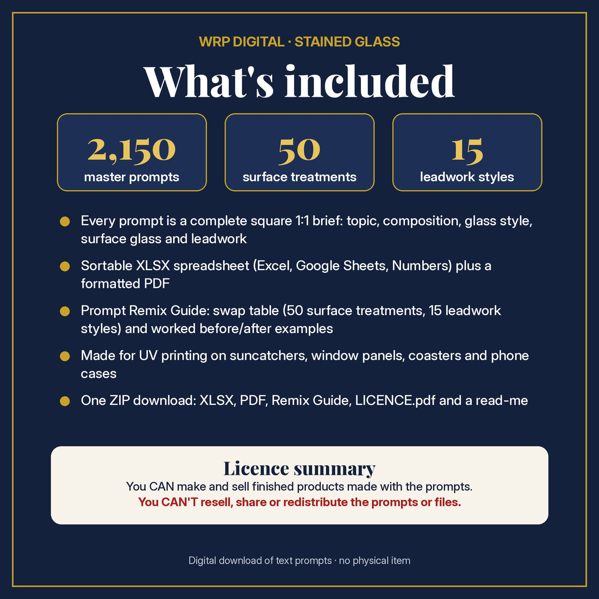 What's included in the Rose-Window Composition Style Library: 2,150 master prompts, 50 surface treatments, 15 leadwork styles, XLSX and PDF, Prompt Remix Guide and licence summary