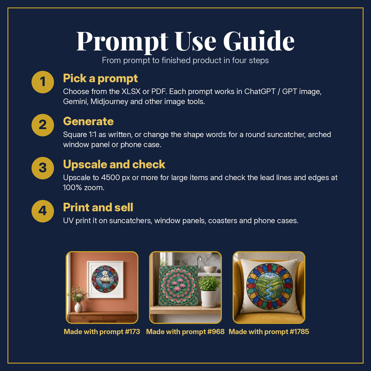 Prompt Use Guide for the Rose-Window Composition Style Library: pick a prompt, generate, upscale and check, print and sell, with sample products made with the pack's prompts