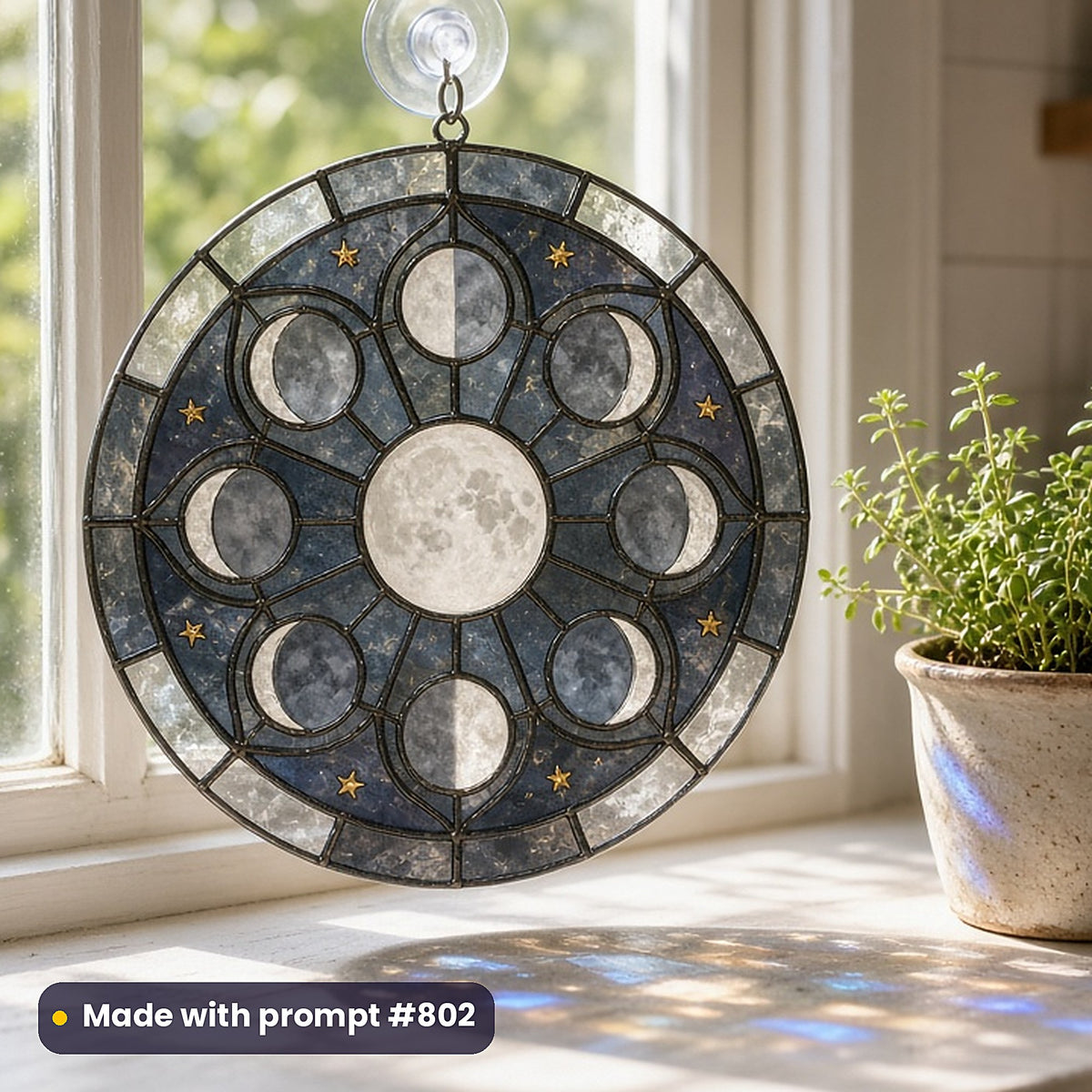 Rose-Window Composition Style Library: UV-printed acrylic suncatcher in a window mockup, made with prompt #802