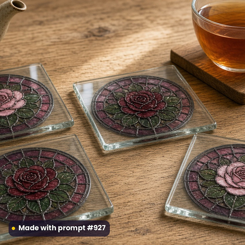 Rose-Window Composition Style Library: set of UV-printed glass coasters mockup, made with prompt #927