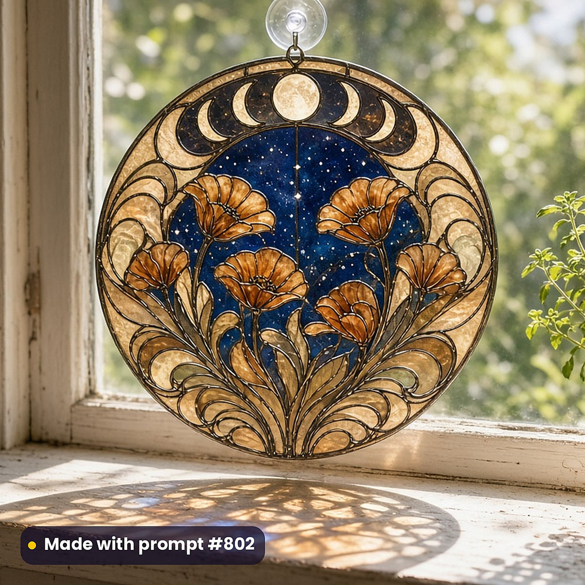 Art Nouveau Glass Style Library: UV-printed acrylic suncatcher in a window mockup, made with prompt #802