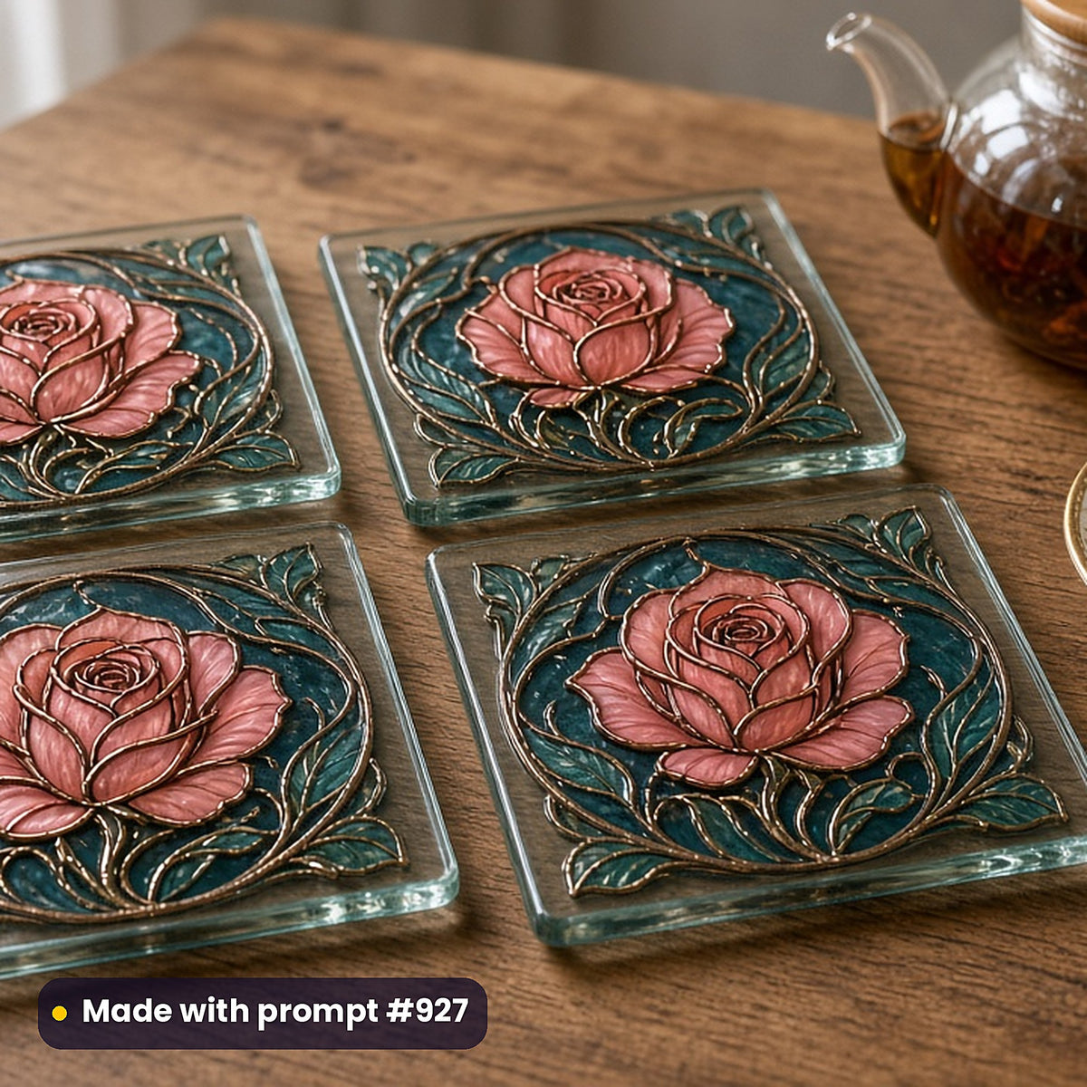 Art Nouveau Glass Style Library: set of UV-printed glass coasters mockup, made with prompt #927