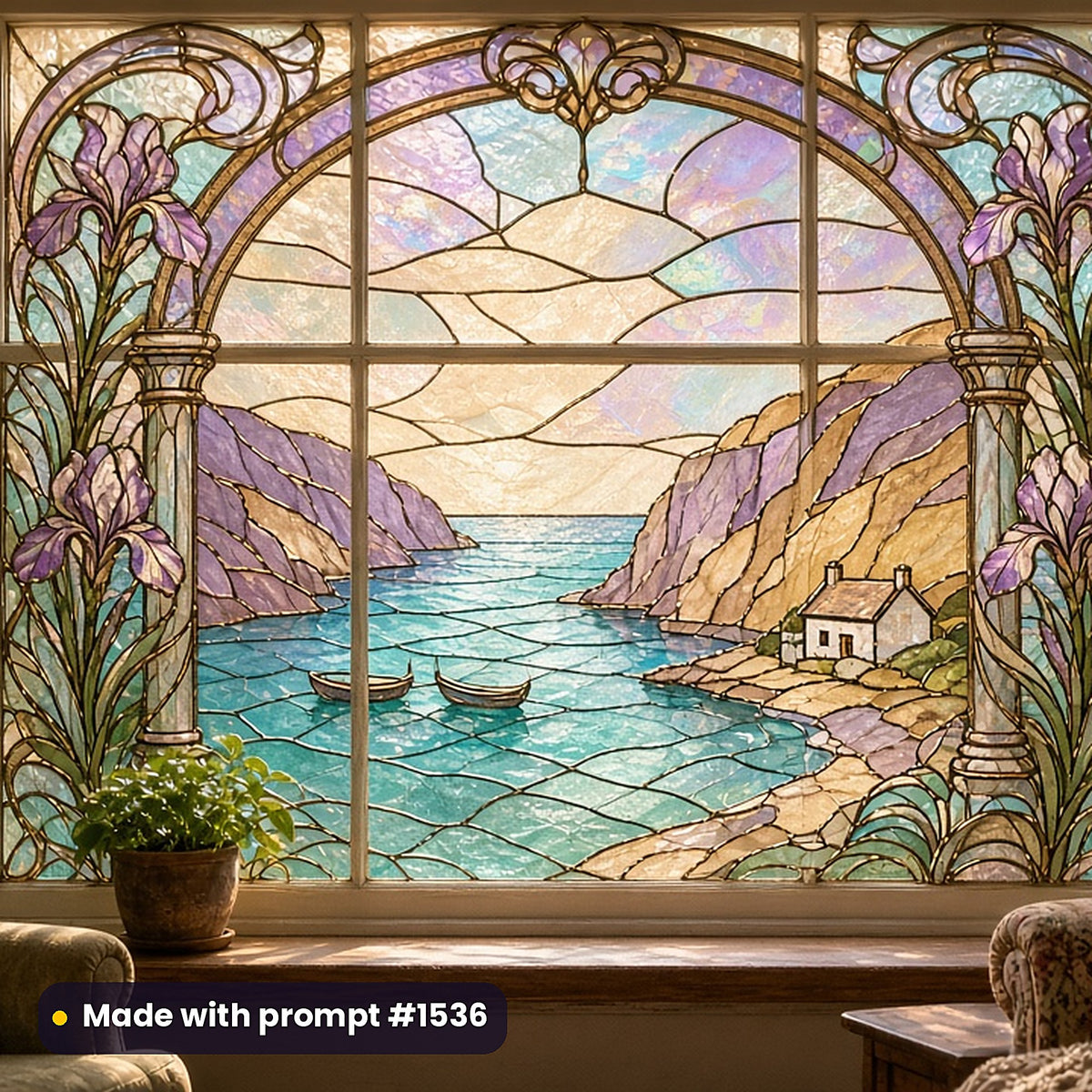 Art Nouveau Glass Style Library: faux stained glass window panel mockup, made with prompt #1536