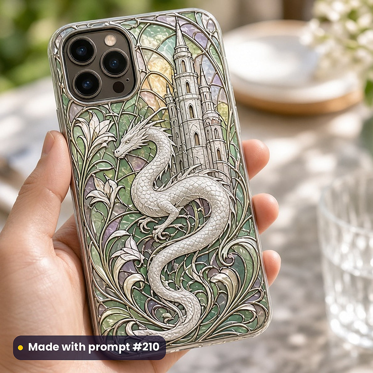 Art Nouveau Glass Style Library: UV-printed phone case mockup, made with prompt #210
