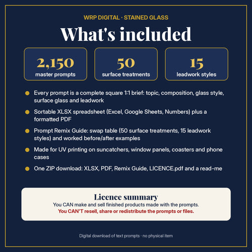 What's included in the Art Deco Glass Style Library: 2,150 master prompts, 50 surface treatments, 15 leadwork styles, XLSX and PDF, Prompt Remix Guide and licence summary