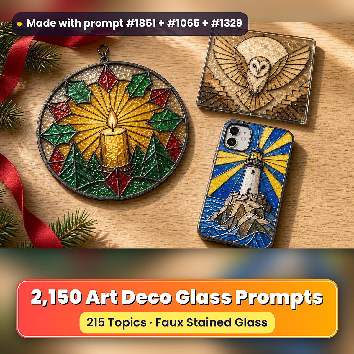 Art Deco Glass Style Library: UV-printed suncatcher, coaster and phone case set mockup, made with prompt #1851 + #1065 + #1329