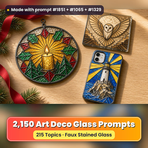 Art Deco Glass Style Library: UV-printed suncatcher, coaster and phone case set mockup, made with prompt #1851 + #1065 + #1329