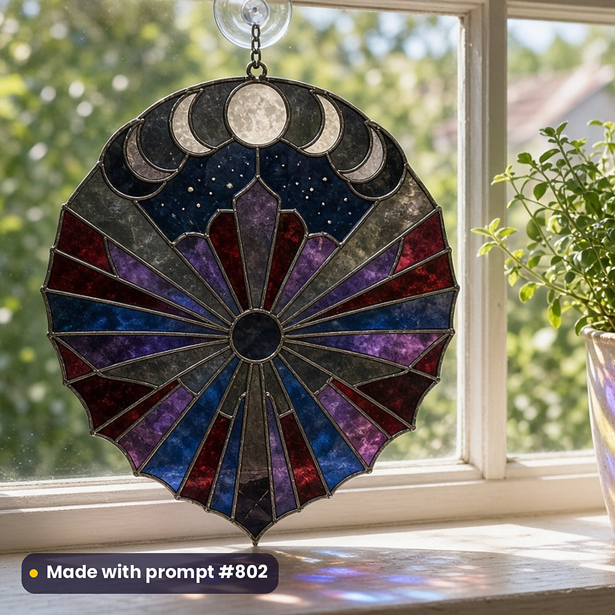 Art Deco Glass Style Library: UV-printed acrylic suncatcher in a window mockup, made with prompt #802