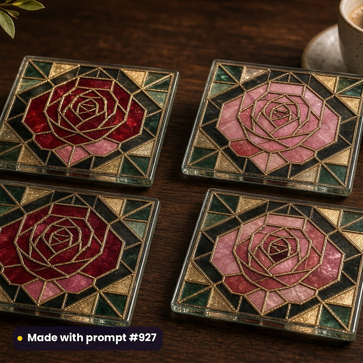 Art Deco Glass Style Library: set of UV-printed glass coasters mockup, made with prompt #927