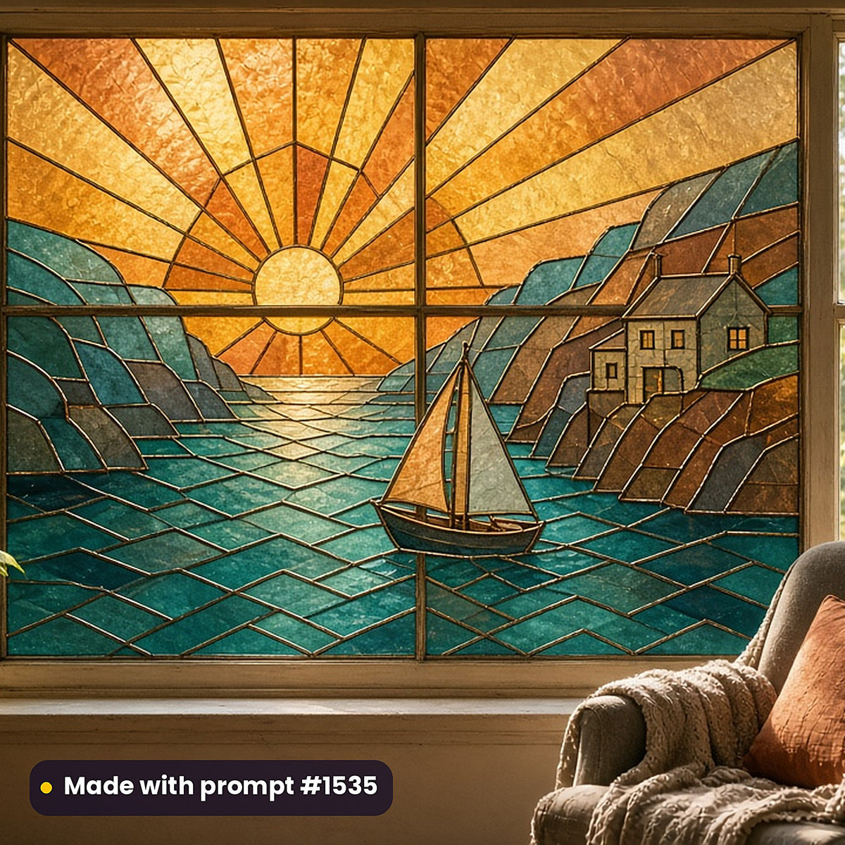 Art Deco Glass Style Library: faux stained glass window panel mockup, made with prompt #1535
