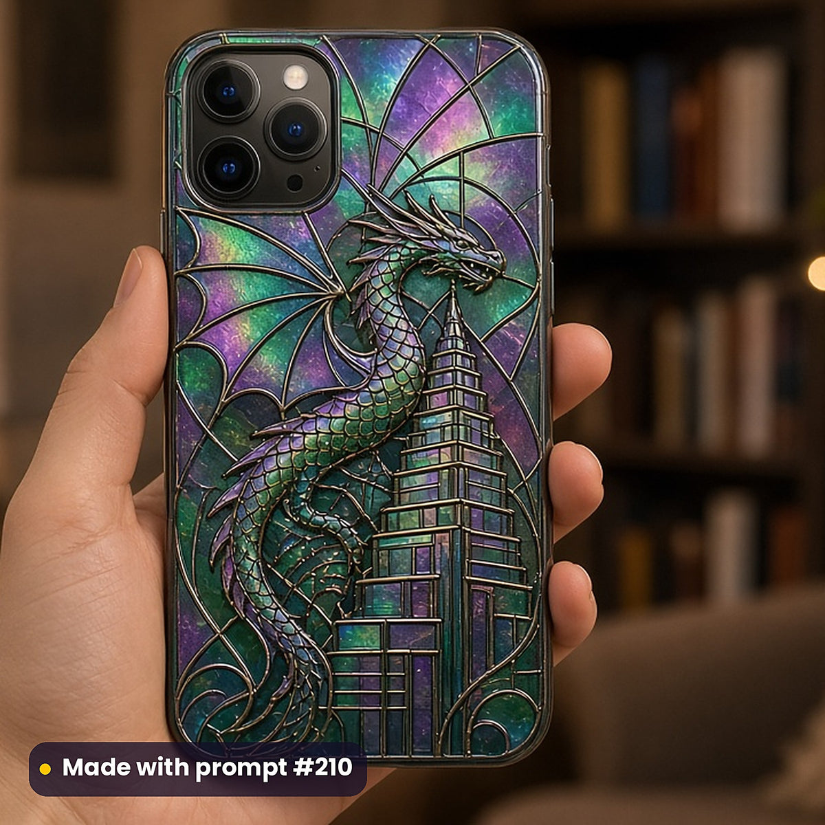 Art Deco Glass Style Library: UV-printed phone case mockup, made with prompt #210