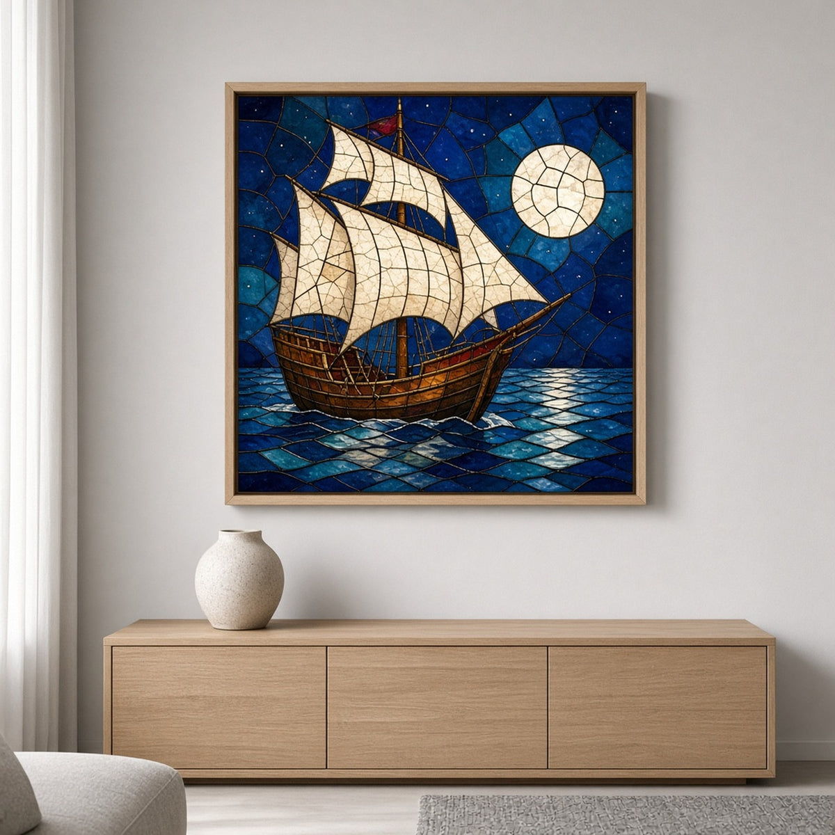 Medieval ships printed flat on a framed print, made with prompt #173: a cream-sailed wooden ship on a cobalt and white glass sea under a pieced-glass full moon and a starry blue sky
