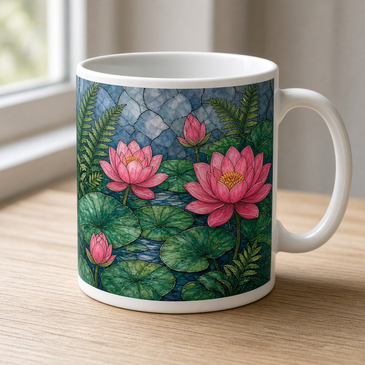 Lotus flowers botanical printed flat on a mug, made with prompt #968: pink lotus flowers and buds among large lily pads and ferns on a pond under stormy smoked-blue glass
