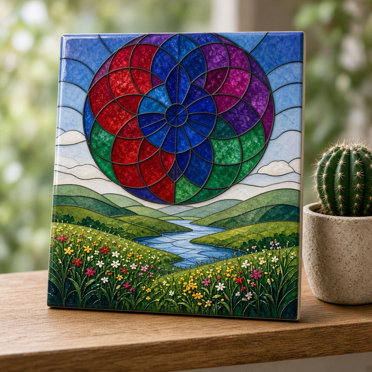 Sacred-pattern-inspired artwork printed flat on a tile, made with prompt #1785: a ruby, sapphire, violet and emerald circle-pattern rosette above green hills, a blue river and a wildflower meadow