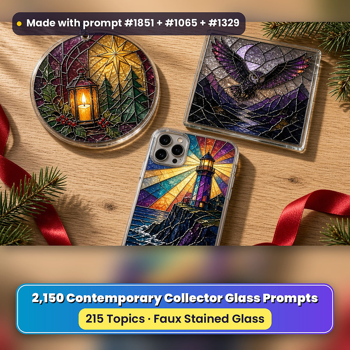 Contemporary Collector Glass Style Library: UV-printed suncatcher, coaster and phone case set mockup, made with prompt #1851 + #1065 + #1329