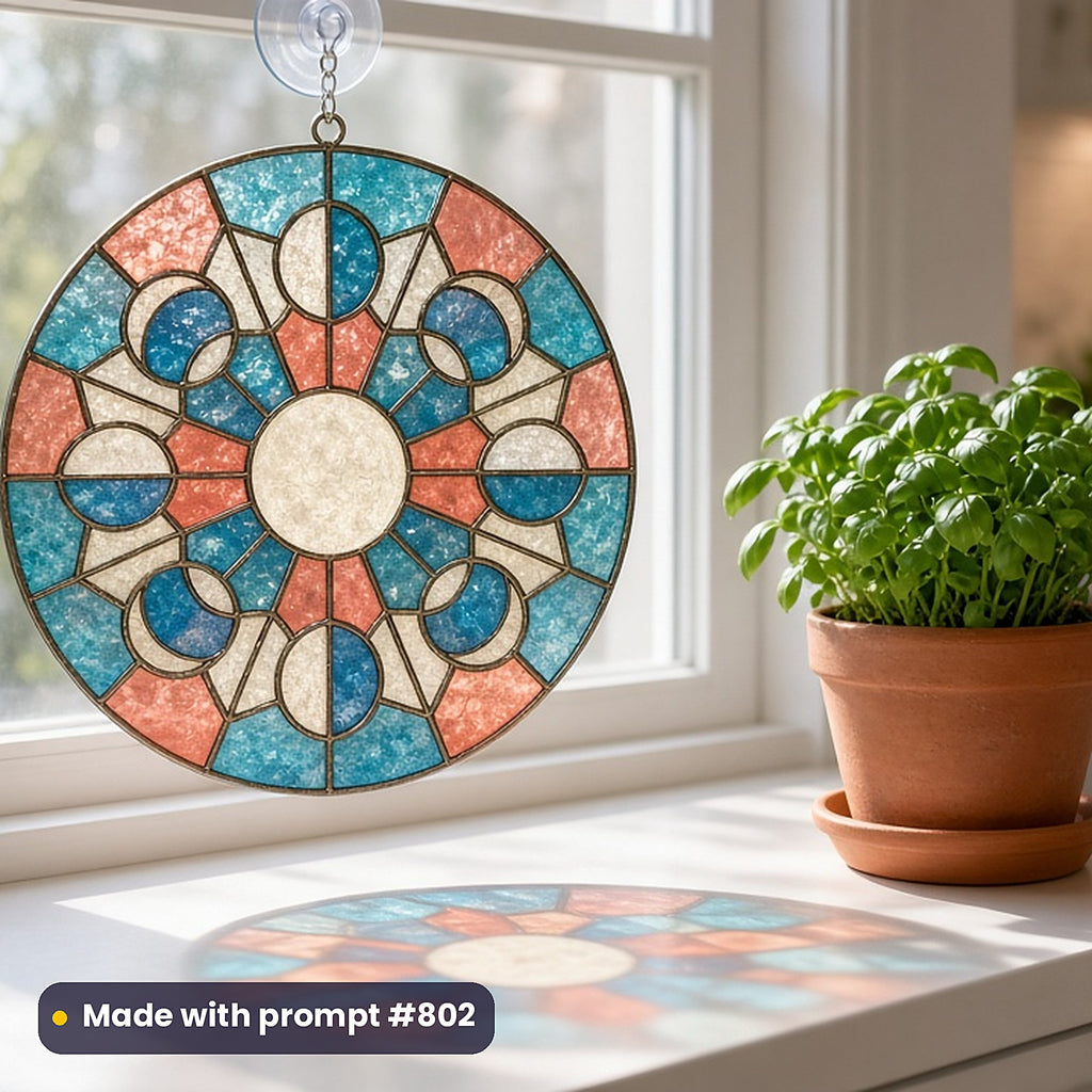 Contemporary Collector Glass Style Library: UV-printed acrylic suncatcher in a window mockup, made with prompt #802
