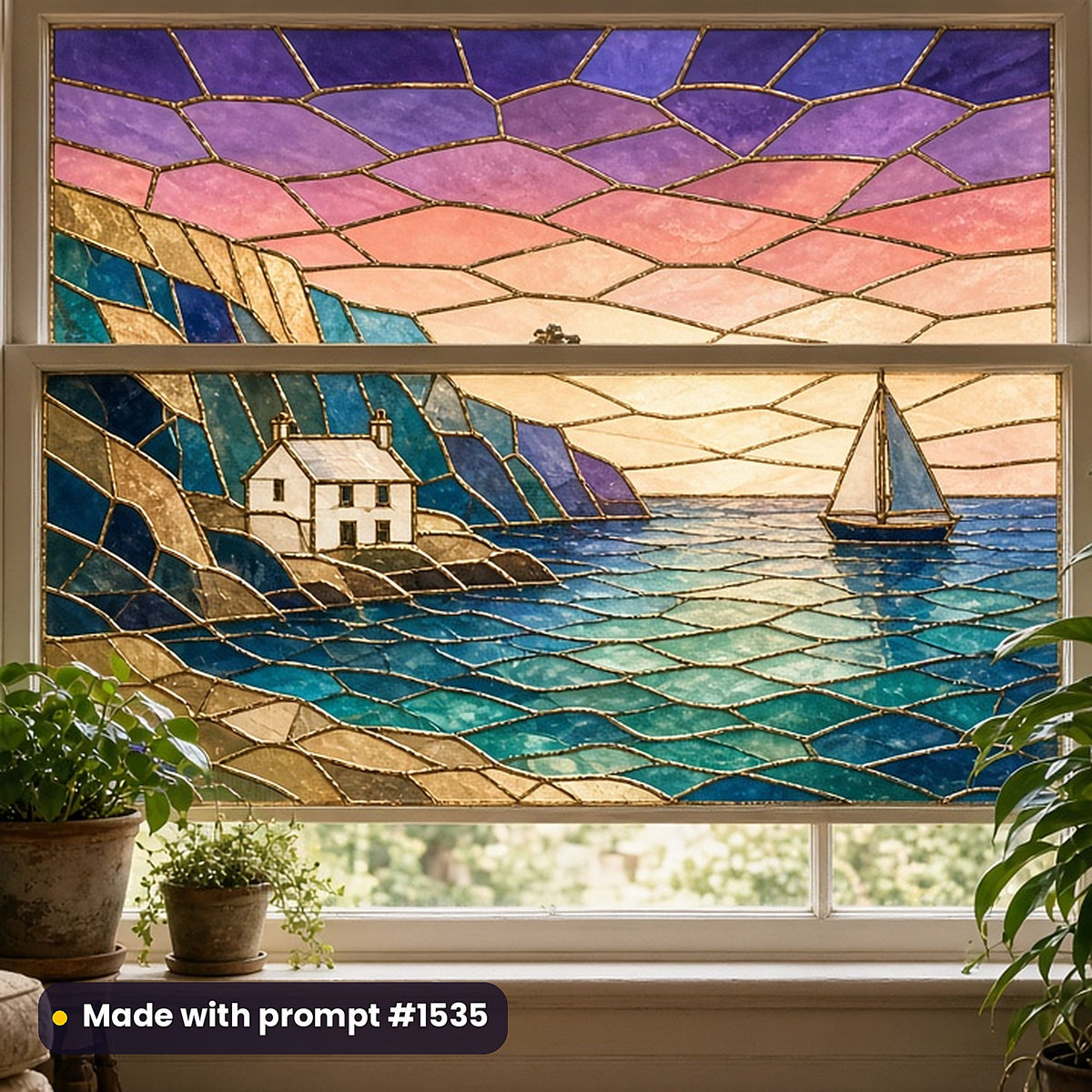 Contemporary Collector Glass Style Library: faux stained glass window panel mockup, made with prompt #1535