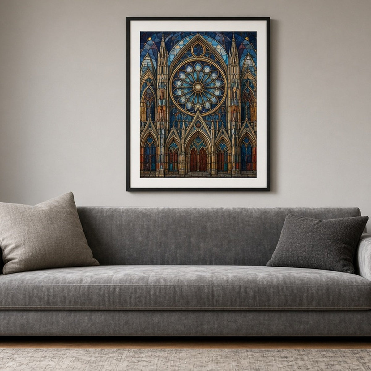 Gothic cathedral facade in Art Deco stained-glass style shown as a flat framed print in a living room, made with prompt #9