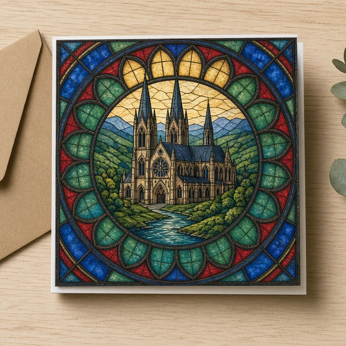 Rose-window design of a cathedral in a green valley printed flat on a greeting card, made with prompt #47