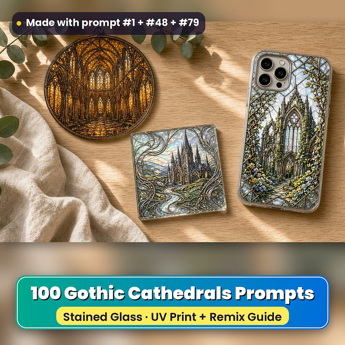 Gothic Cathedrals stained glass prompt pack: UV-printed suncatcher, coaster and phone case set mockup, made with prompt #1 + #48 + #79