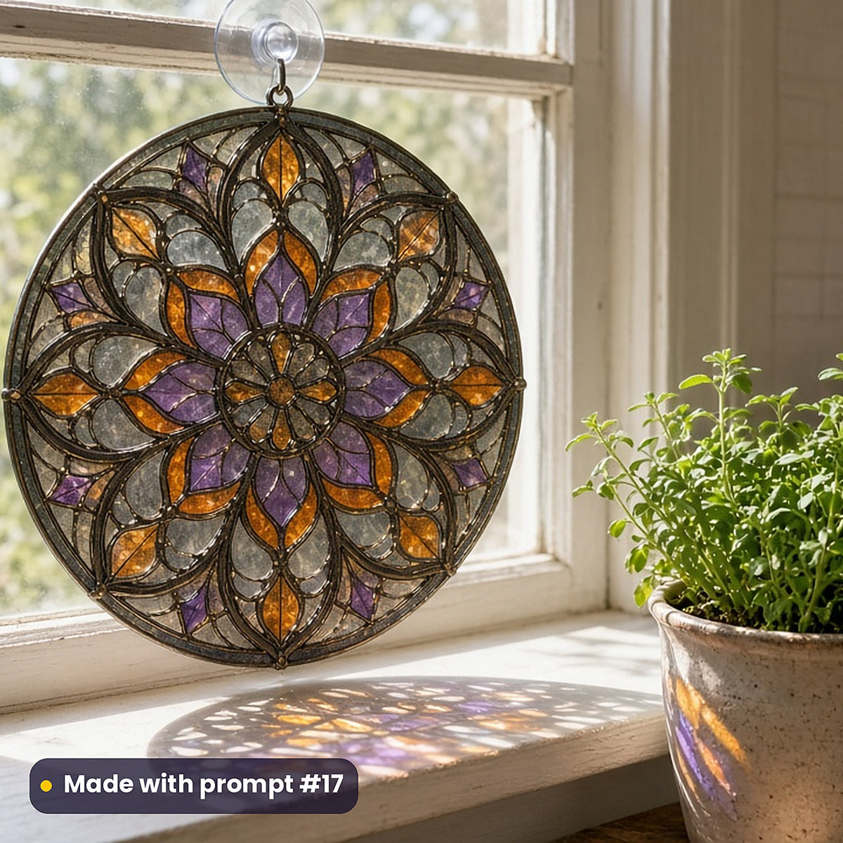 Gothic Cathedrals stained glass prompt pack: UV-printed acrylic suncatcher in a window mockup, made with prompt #17