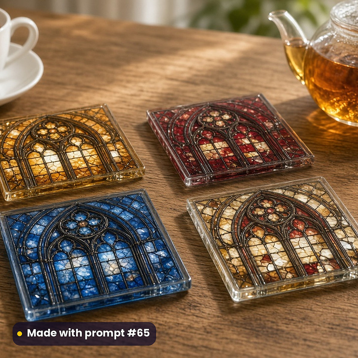 Gothic Cathedrals stained glass prompt pack: set of UV-printed glass coasters mockup, made with prompt #65