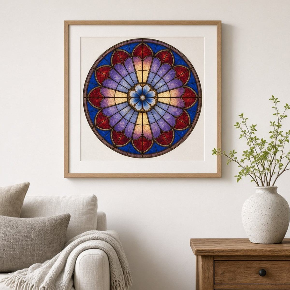 Rose window stained-glass design shown as a flat framed art print on a living-room wall, made with prompt #7