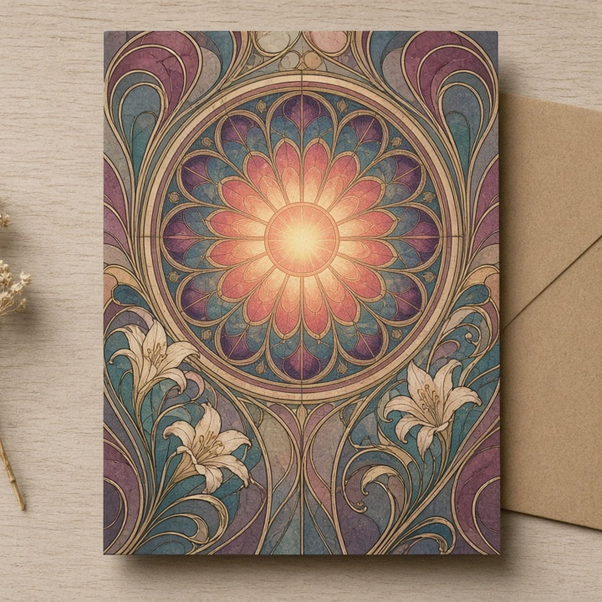 Art Nouveau rose window design printed flat on a greeting card with a kraft envelope, made with prompt #38