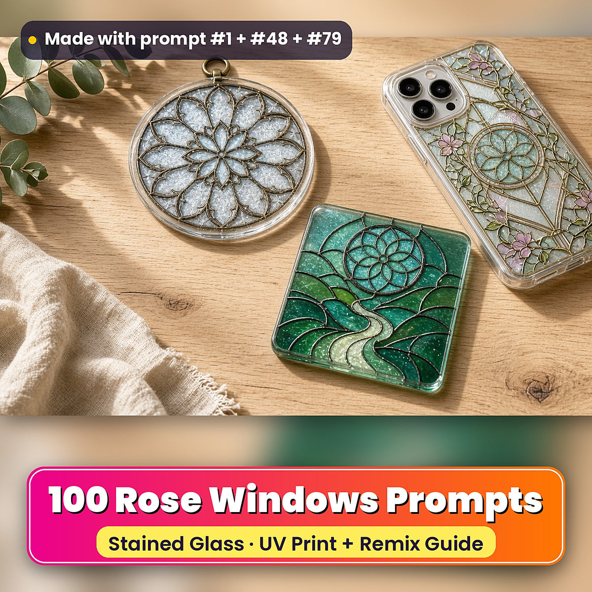 Rose Windows stained glass prompt pack: UV-printed suncatcher, coaster and phone case set mockup, made with prompt #1 + #48 + #79