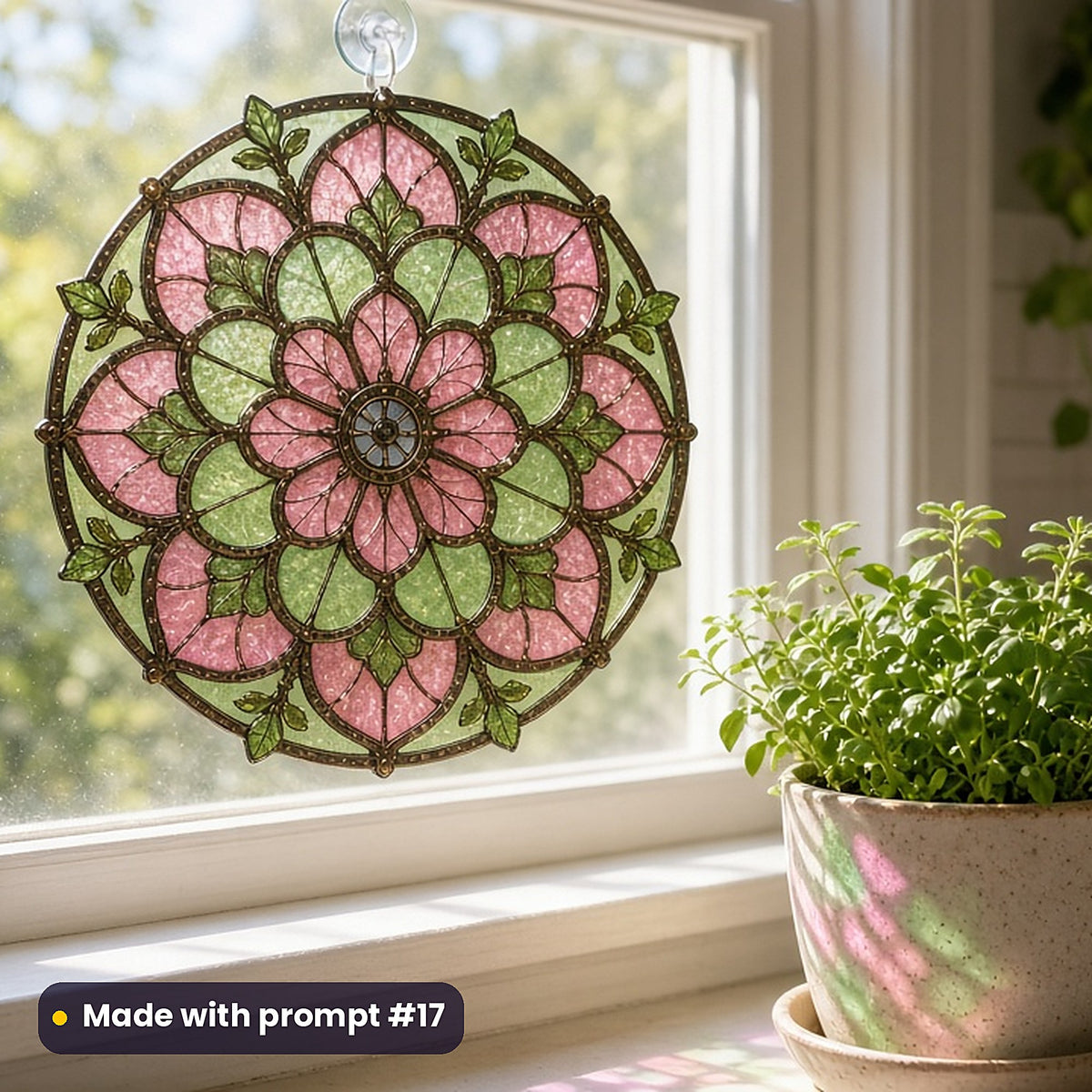 Rose Windows stained glass prompt pack: UV-printed acrylic suncatcher in a window mockup, made with prompt #17